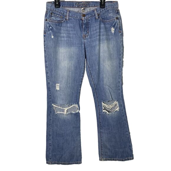 ABERCROMBIE & FITCH Emma Jeans Bootcut Low Rise Flare Distressed Women 8 8S Blue - Picture 1 of 9